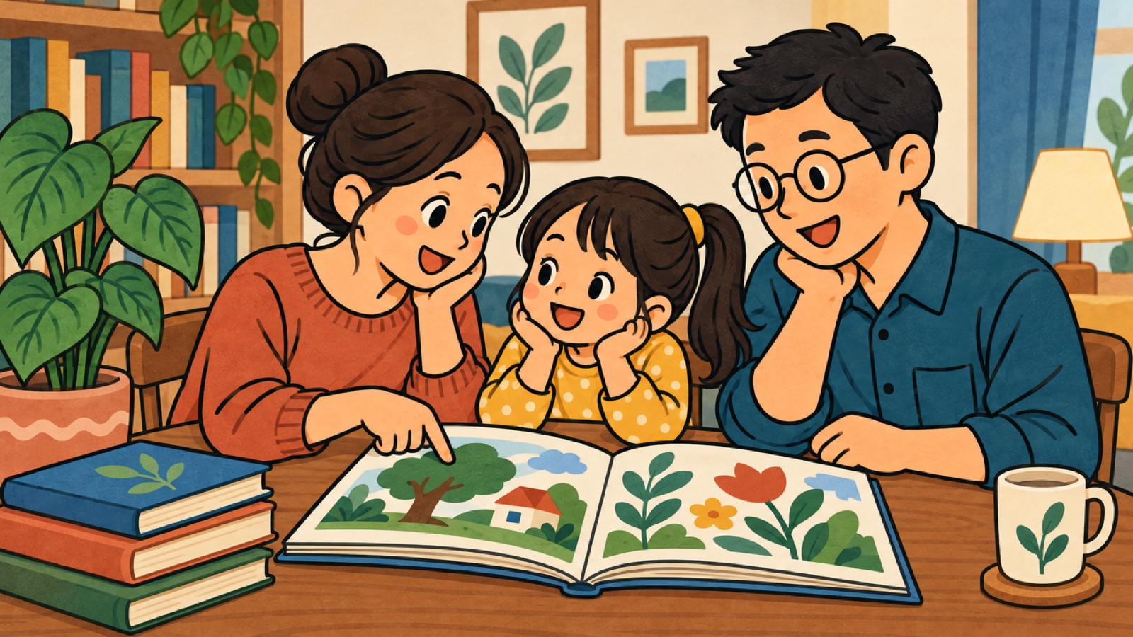 卡通插画：一家三口围坐桌前共读一本大绘本