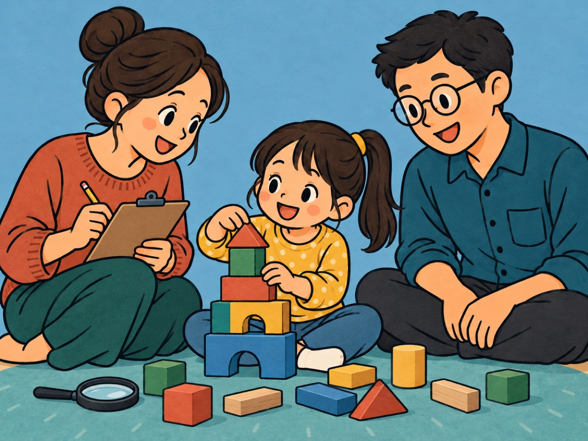 卡通插画：家长蹲着拿记录板，观察孩子搭积木