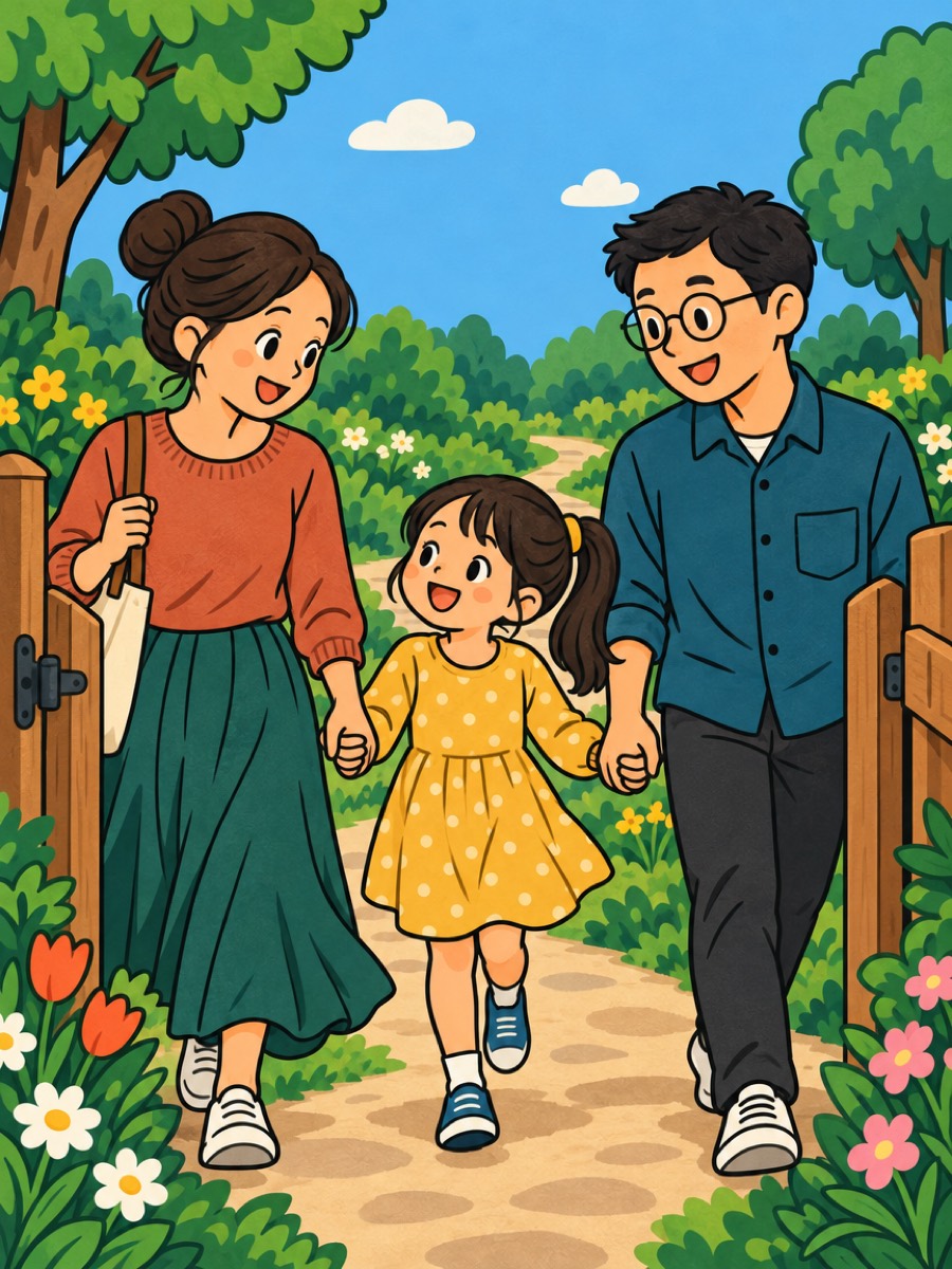 卡通插画：敞开的花园门，父母与扎马尾辫的女儿手牵手走在晴空小径上