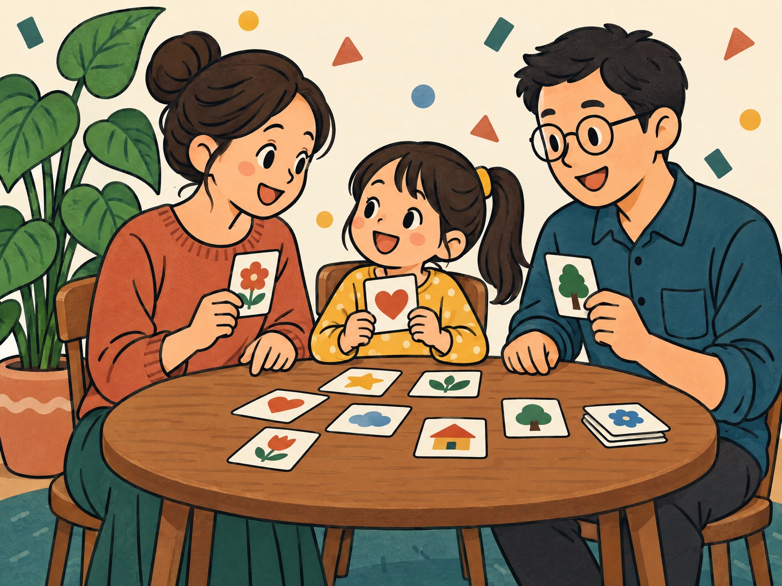 卡通插画：父母与孩子围坐圆桌玩卡片，旁边一盆新芽