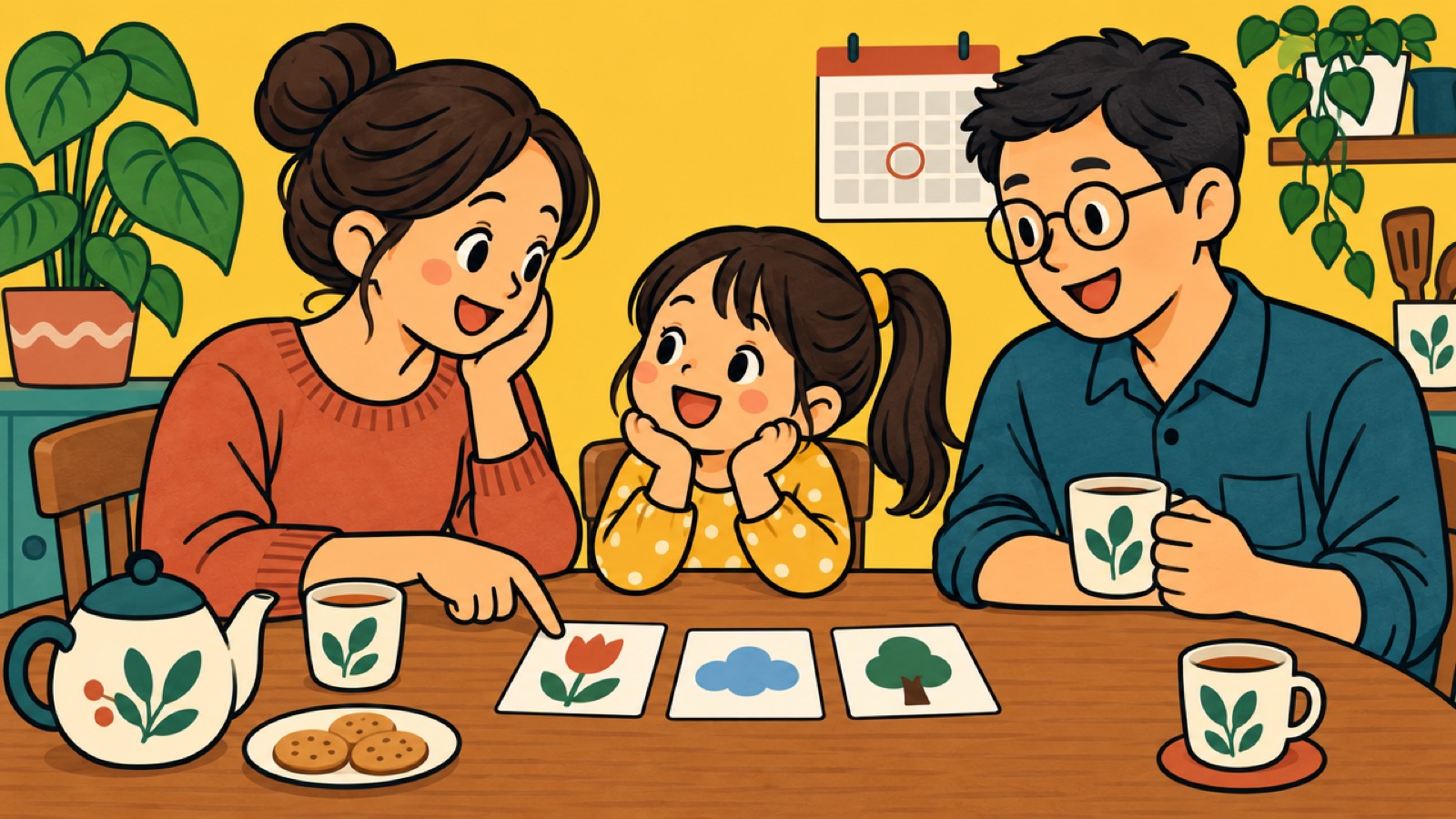 卡通插画：全家围坐厨房桌，三张卡片、一壶茶和圈出日期的周历