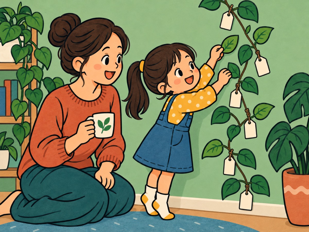 卡通插画：孩子踮脚给墙上藤蔓图添一片新叶，家长蹲在旁边